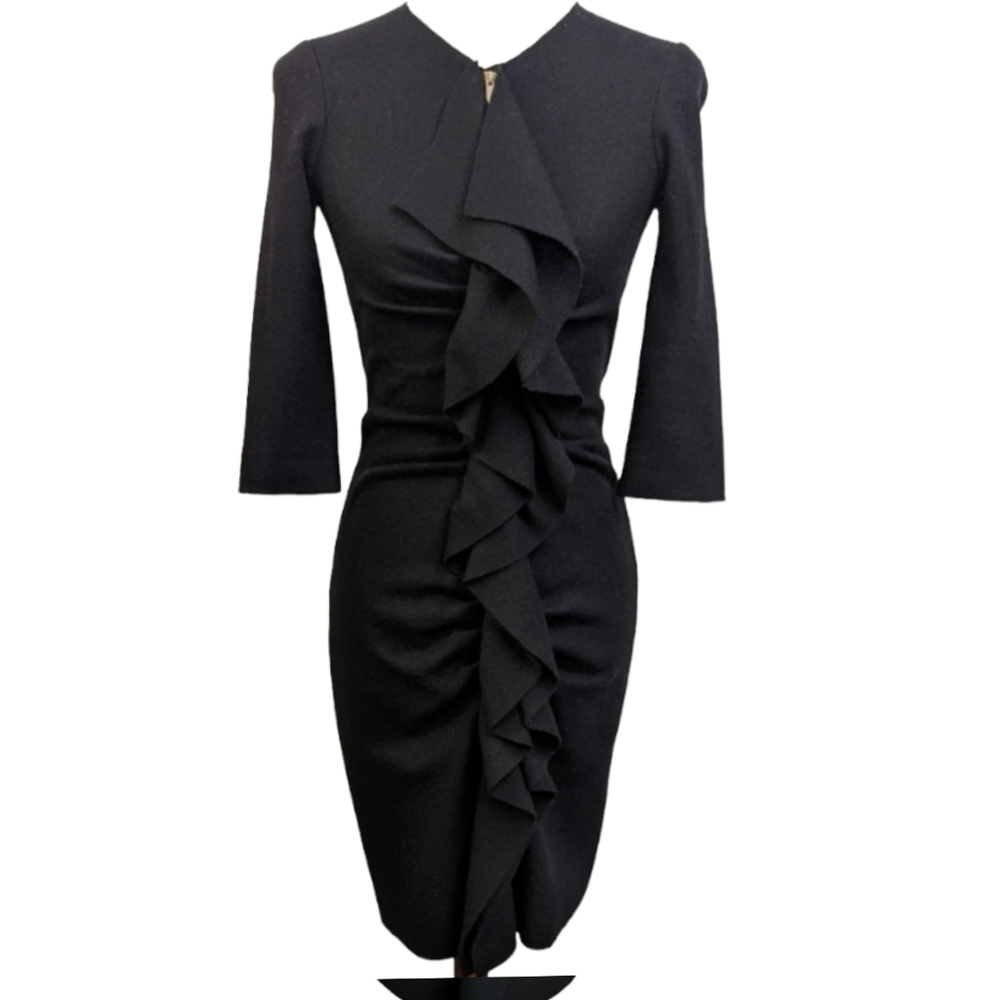 Carolina Herrera Dress Black Wool Ruffle VINTAGE